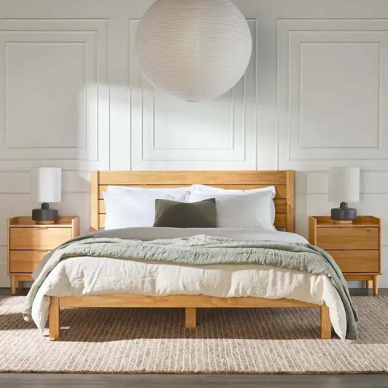 Pine Wood Queen Bed Frame - Slatted Headboard - No Box Spring Needed