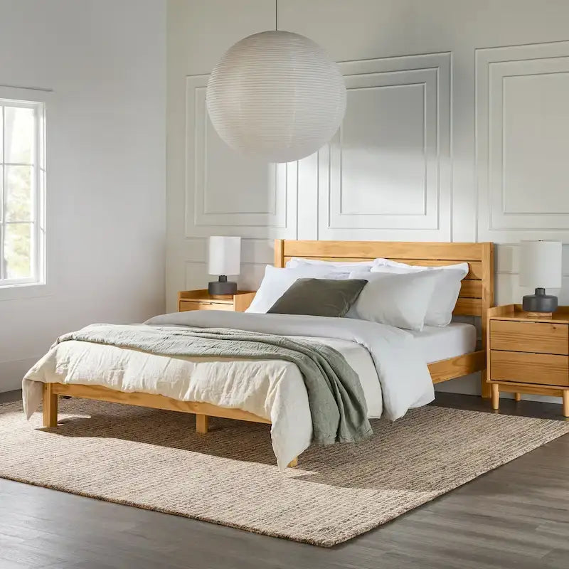 Pine Wood Queen Bed Frame - Slatted Headboard - No Box Spring Needed