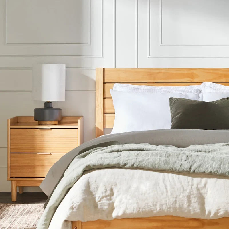 Pine Wood Queen Bed Frame - Slatted Headboard - No Box Spring Needed