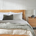 Pine Wood Queen Bed Frame - Slatted Headboard - No Box Spring Needed
