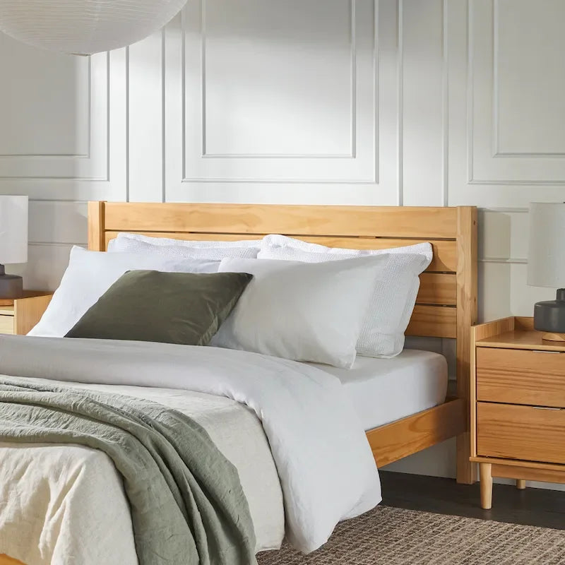 Pine Wood Queen Bed Frame - Slatted Headboard - No Box Spring Needed