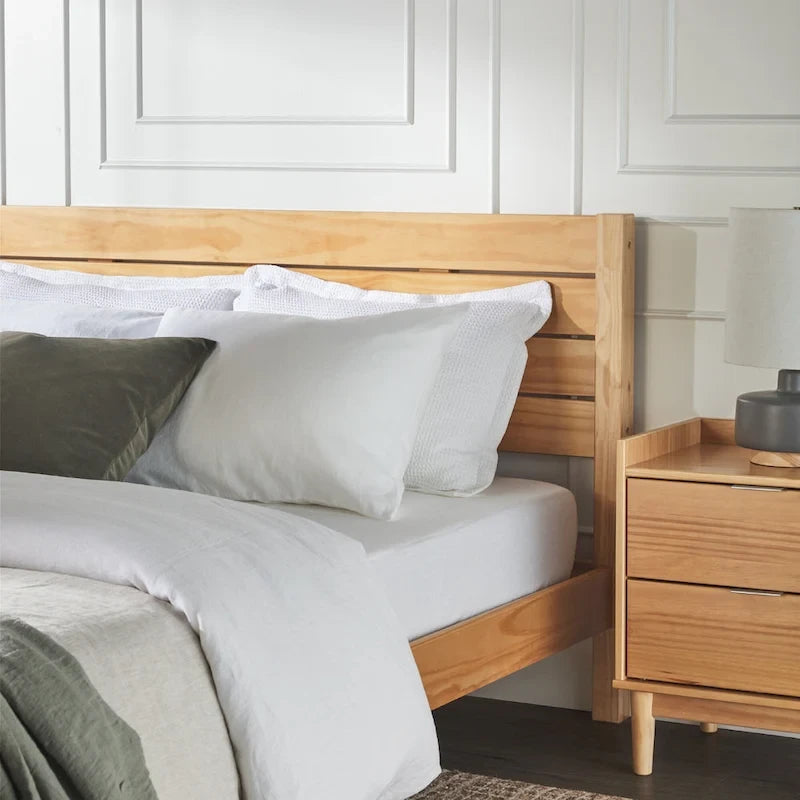 Pine Wood Queen Bed Frame - Slatted Headboard - No Box Spring Needed
