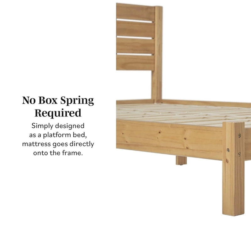 Pine Wood Queen Bed Frame - Slatted Headboard - No Box Spring Needed