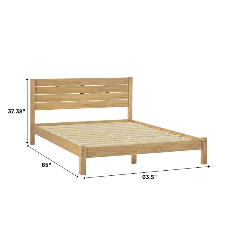 Pine Wood Queen Bed Frame - Slatted Headboard - No Box Spring Needed