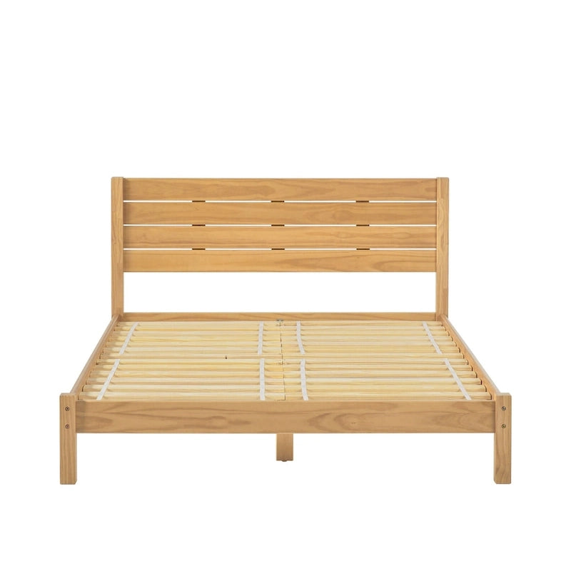 Pine Wood Queen Bed Frame - Slatted Headboard - No Box Spring Needed