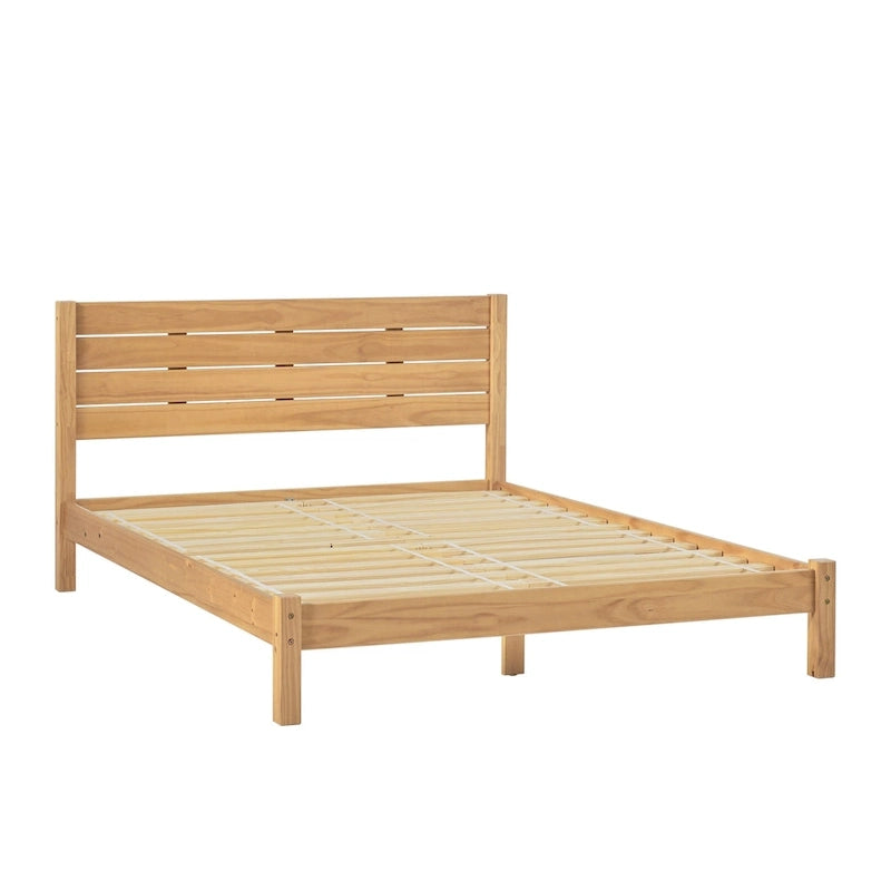 Pine Wood Queen Bed Frame - Slatted Headboard - No Box Spring Needed