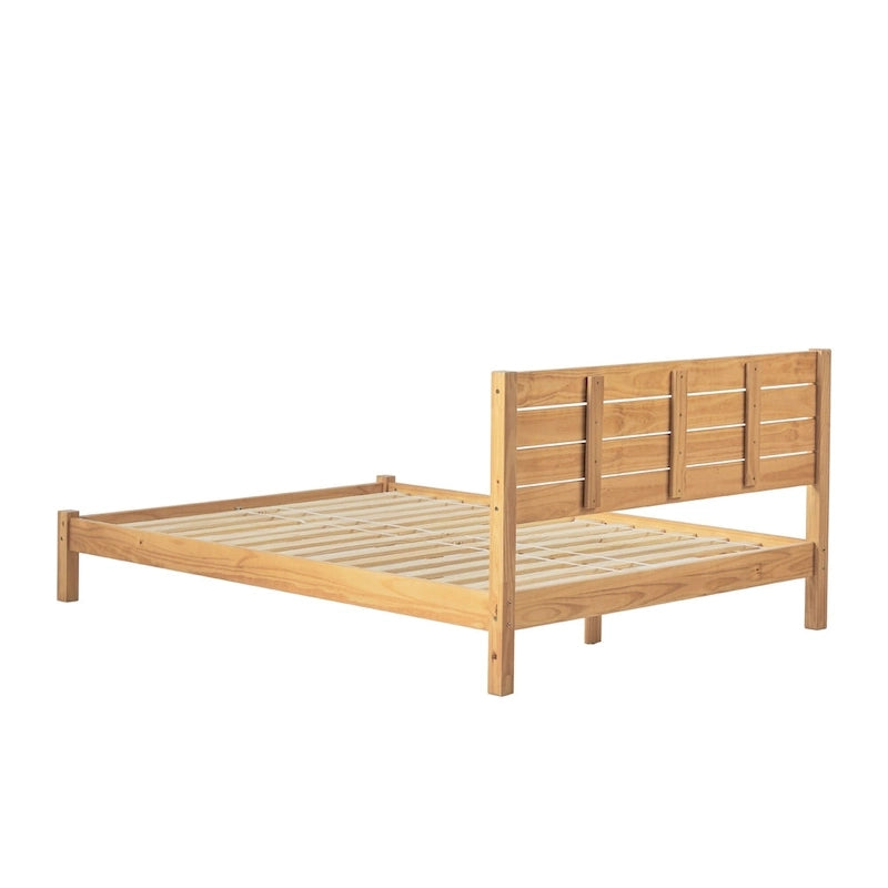 Pine Wood Queen Bed Frame - Slatted Headboard - No Box Spring Needed
