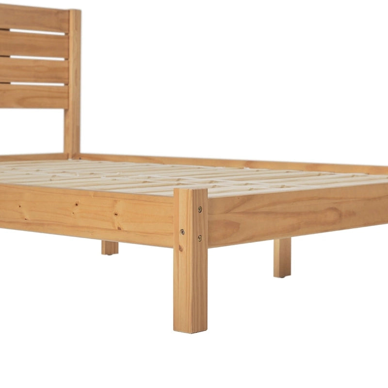 Pine Wood Queen Bed Frame - Slatted Headboard - No Box Spring Needed