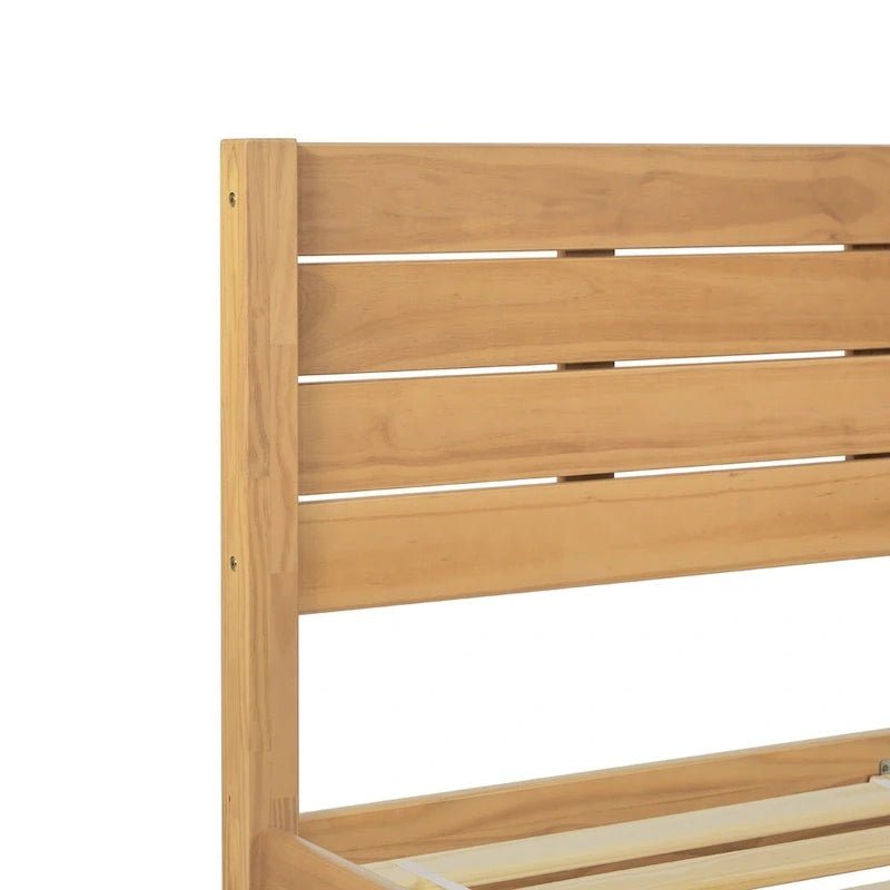 Pine Wood Queen Bed Frame - Slatted Headboard - No Box Spring Needed