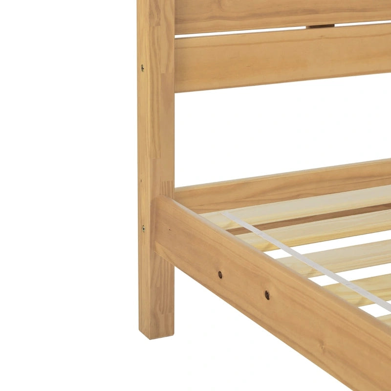 Pine Wood Queen Bed Frame - Slatted Headboard - No Box Spring Needed
