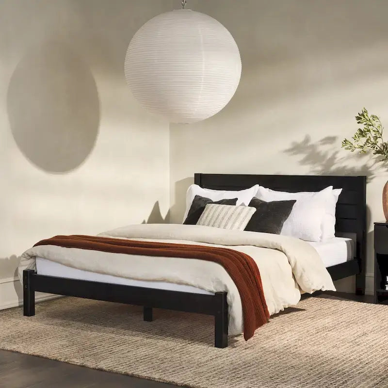 Pine Wood Queen Bed Frame - Slatted Headboard - No Box Spring Needed