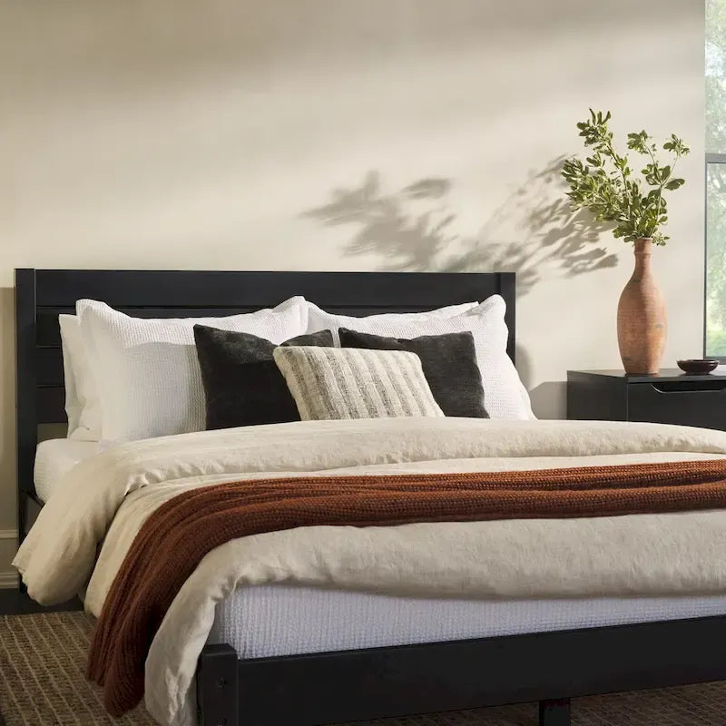 Pine Wood Queen Bed Frame - Slatted Headboard - No Box Spring Needed