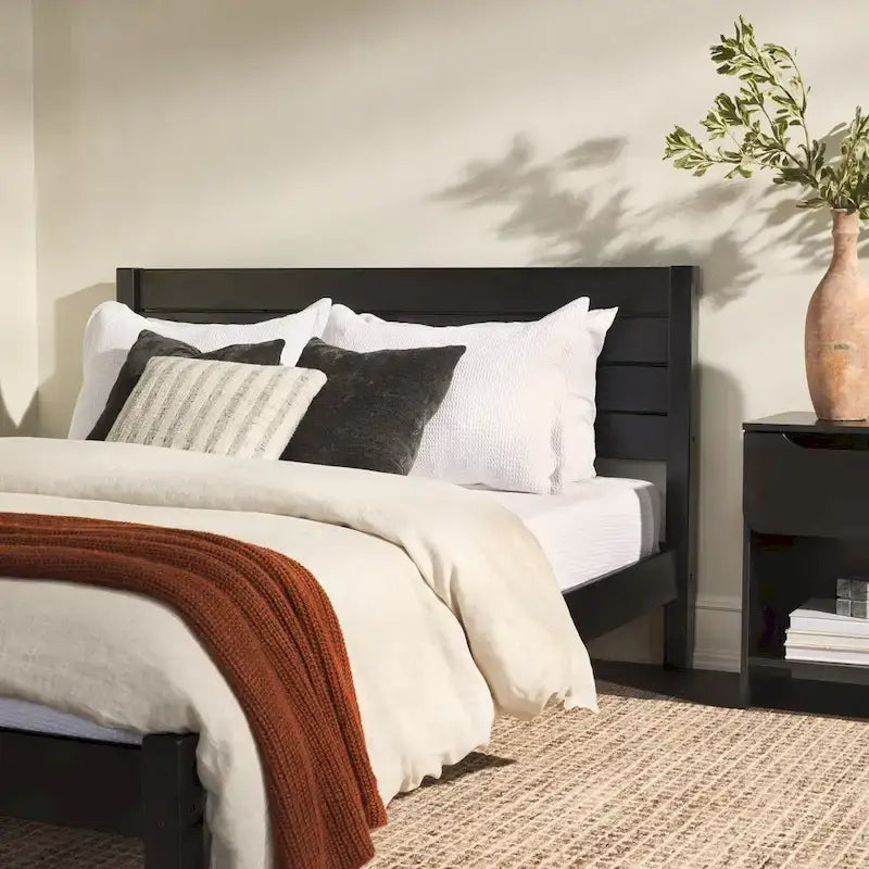 Pine Wood Queen Bed Frame - Slatted Headboard - No Box Spring Needed