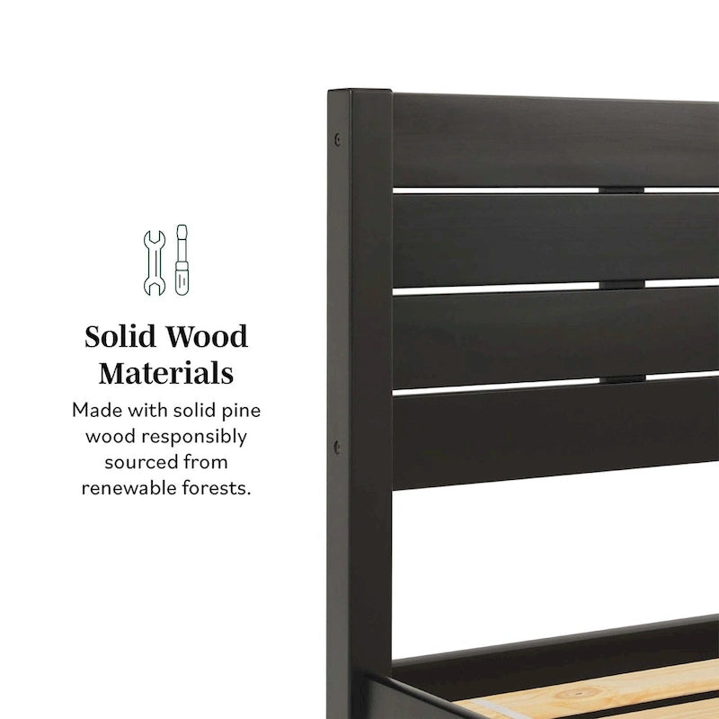 Pine Wood Queen Bed Frame - Slatted Headboard - No Box Spring Needed