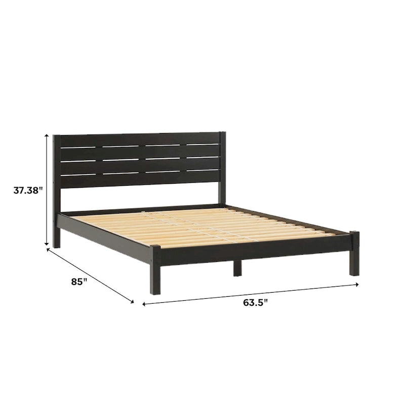 Pine Wood Queen Bed Frame - Slatted Headboard - No Box Spring Needed