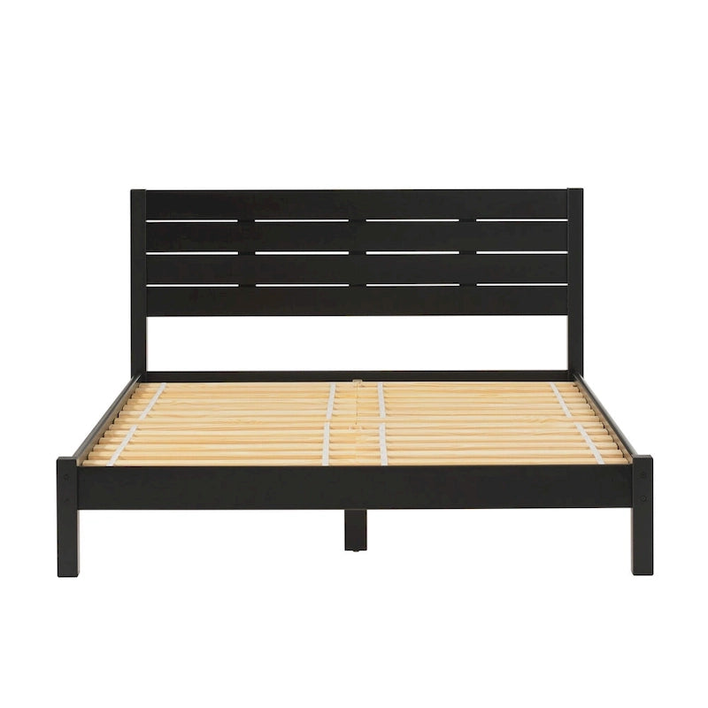 Pine Wood Queen Bed Frame - Slatted Headboard - No Box Spring Needed
