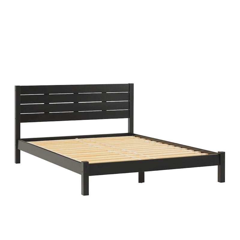 Pine Wood Queen Bed Frame - Slatted Headboard - No Box Spring Needed
