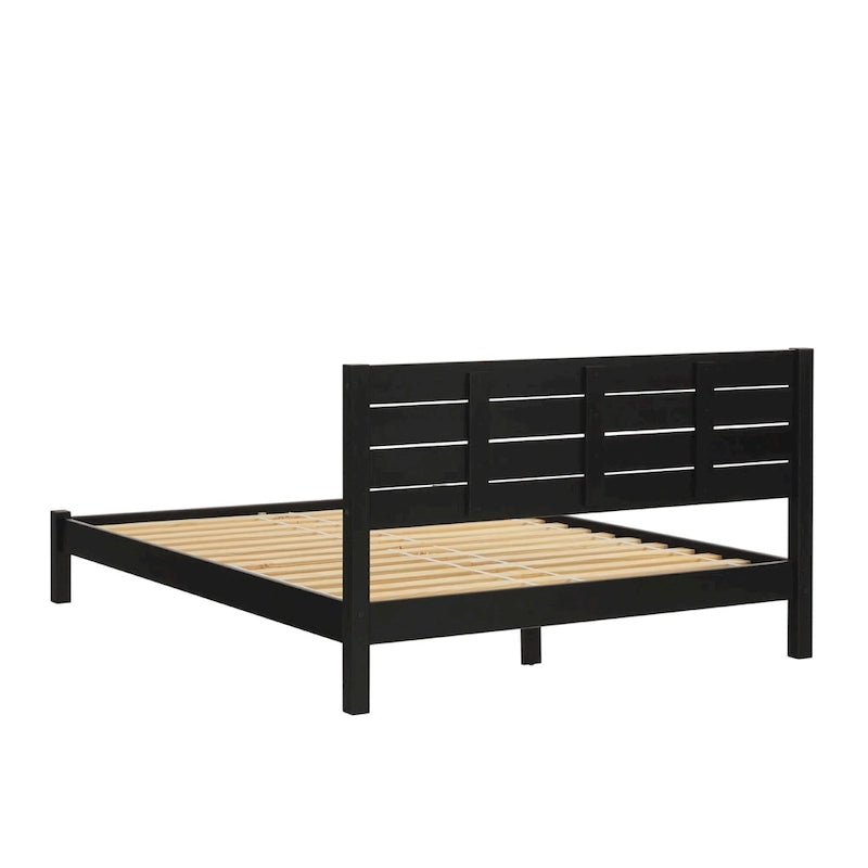 Pine Wood Queen Bed Frame - Slatted Headboard - No Box Spring Needed