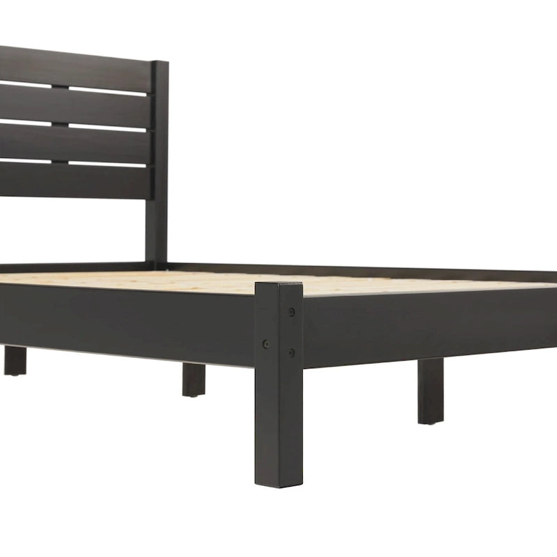 Pine Wood Queen Bed Frame - Slatted Headboard - No Box Spring Needed