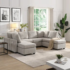 103 Sectional Sofa Couch Sofa Bed U-shaped Sofa with Two Movable Ottoman and Three USB Ports for Living Room, Beige