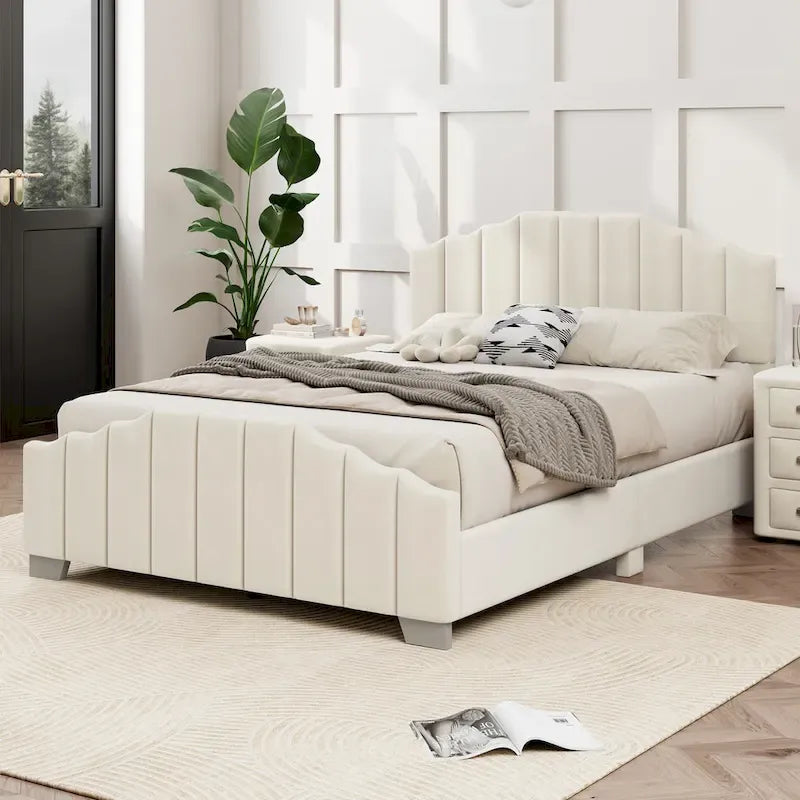 Modern King Size Upholstered Platform Bed with Quilted Headboard and Footboard, Wooden Frame, No Box Spring Needed