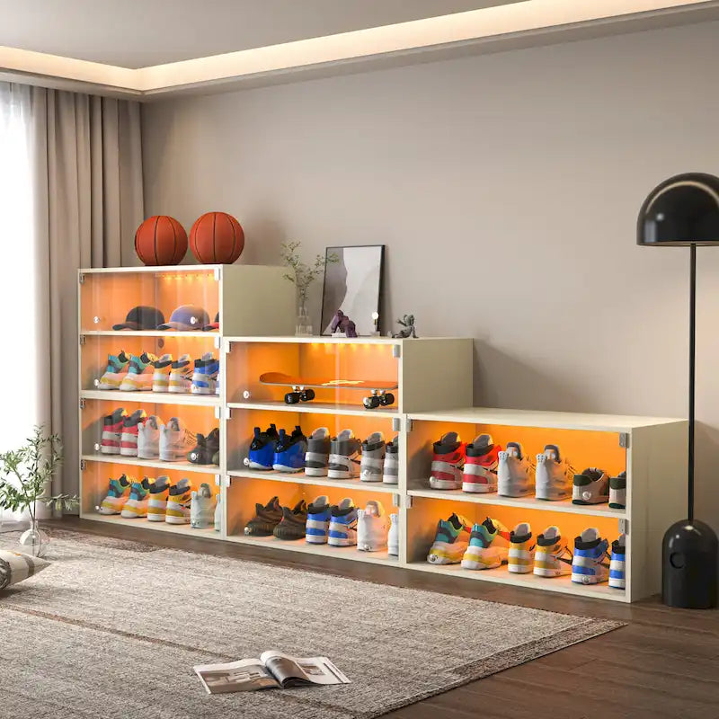 Glass Door Shoe Box Shoe Storage Cabinet For Sneakers With RGB Led Light