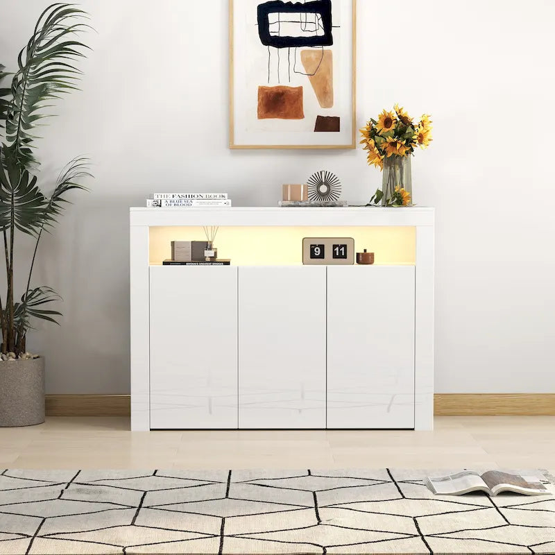 Living Room Sideboard Storage Cabinet Black High Gloss with LED Light, Modern Kitchen Unit Cupboard Buffet Wooden Storage