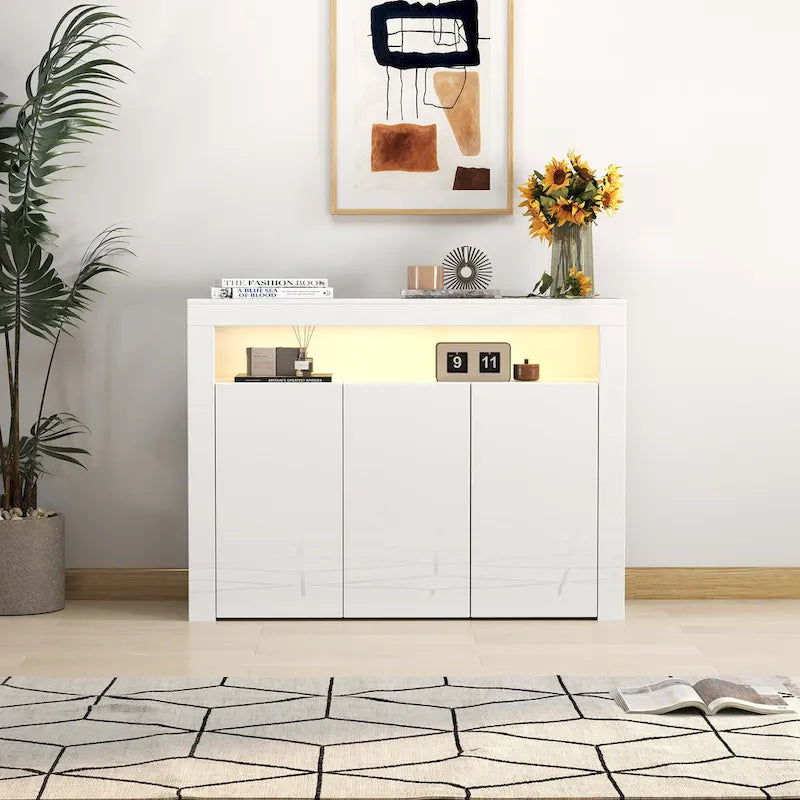 Living Room Sideboard Storage Cabinet Black High Gloss with LED Light, Modern Kitchen Unit Cupboard Buffet Wooden Storage