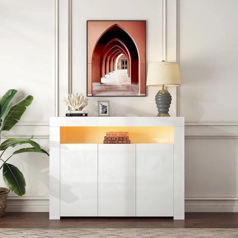 Living Room Sideboard Storage Cabinet Black High Gloss with LED Light, Modern Kitchen Unit Cupboard Buffet Wooden Storage