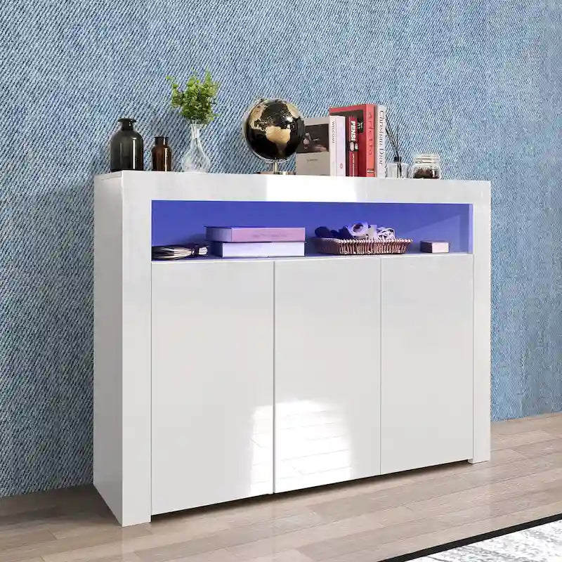 Living Room Sideboard Storage Cabinet Black High Gloss with LED Light, Modern Kitchen Unit Cupboard Buffet Wooden Storage