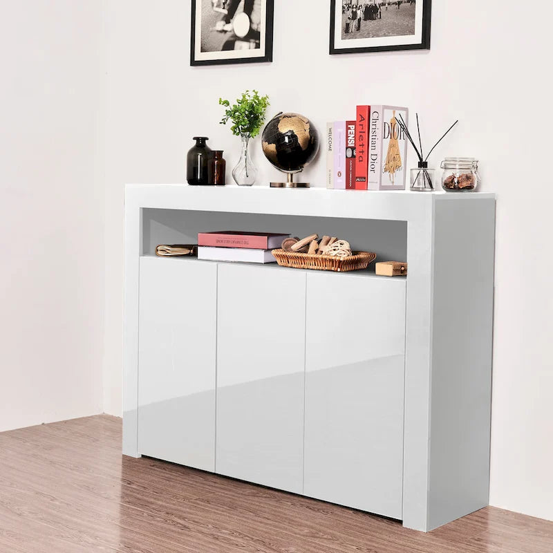 Living Room Sideboard Storage Cabinet Black High Gloss with LED Light, Modern Kitchen Unit Cupboard Buffet Wooden Storage