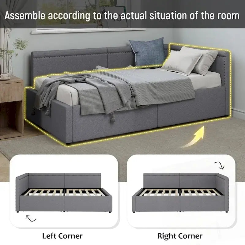 Modern Twin Size L Shape Corner Upholstered Daybed with Two Storage Drawers