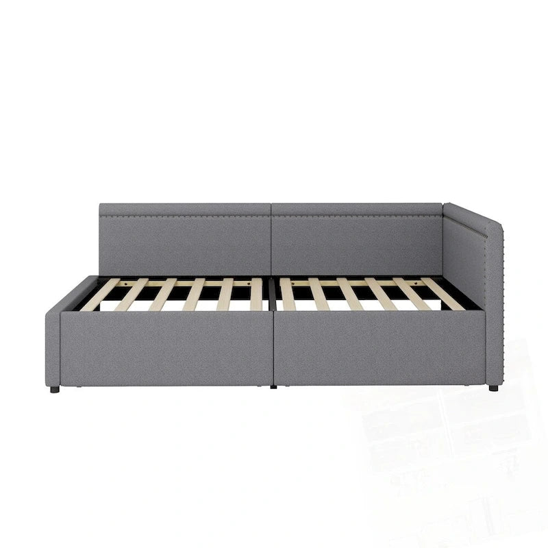 Modern Twin Size L Shape Corner Upholstered Daybed with Two Storage Drawers
