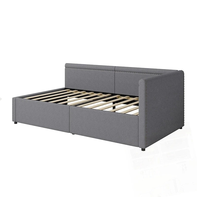 Modern Twin Size L Shape Corner Upholstered Daybed with Two Storage Drawers