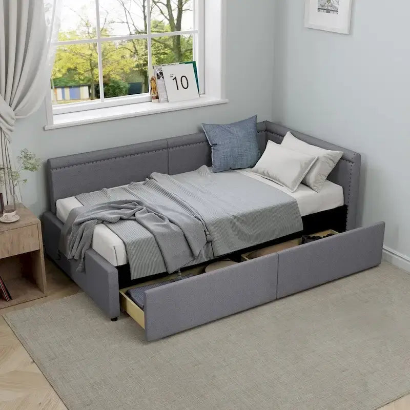 Modern Twin Size L Shape Corner Upholstered Daybed with Two Storage Drawers
