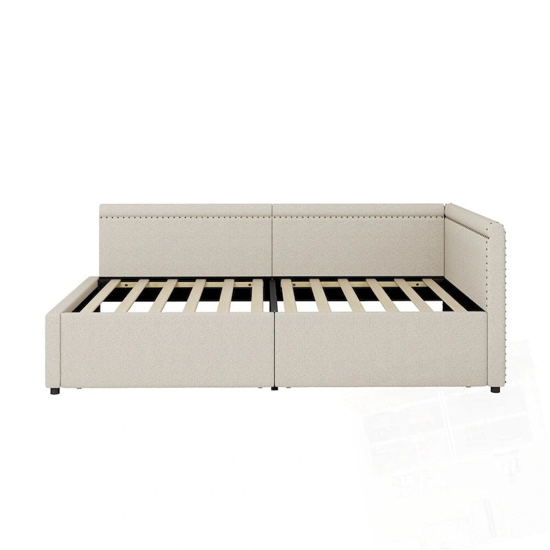 Modern Twin Size L Shape Corner Upholstered Daybed with Two Storage Drawers