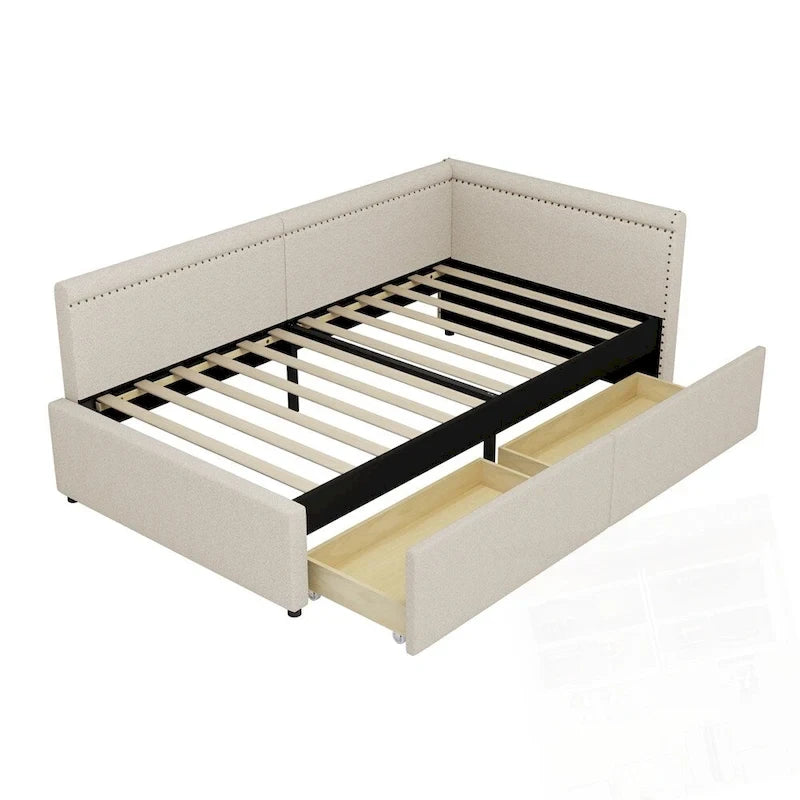 Modern Twin Size L Shape Corner Upholstered Daybed with Two Storage Drawers
