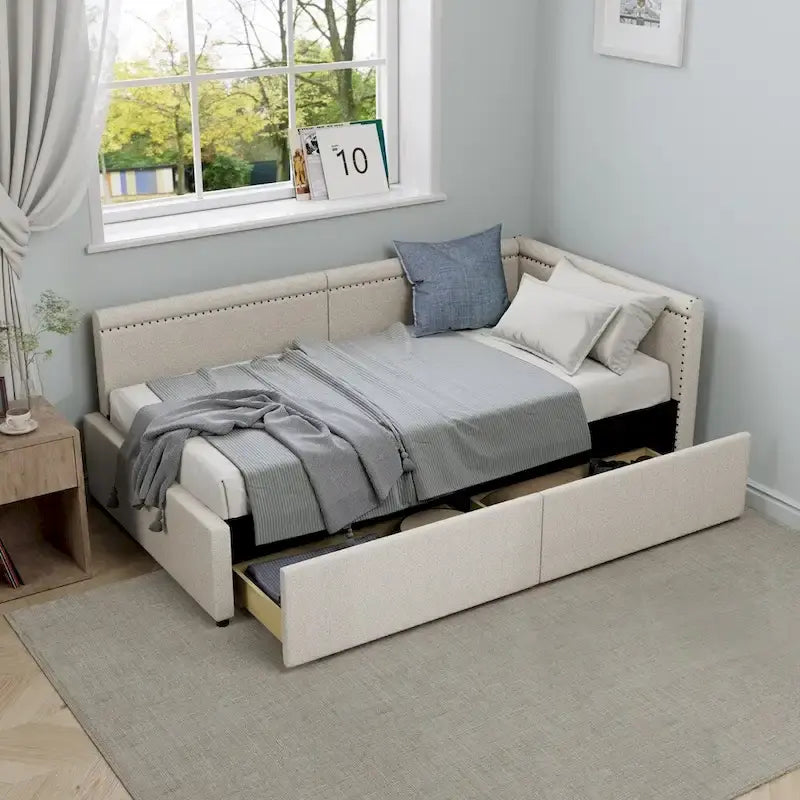 Modern Twin Size L Shape Corner Upholstered Daybed with Two Storage Drawers