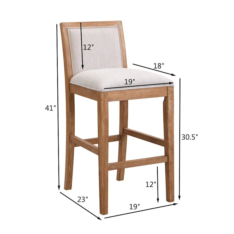 30.5 H Bar Stools Set of 2, Rubberwood Frame, Fabric Upholstered Bar Stools, Vintage Kitchen Island Stool Without Arms