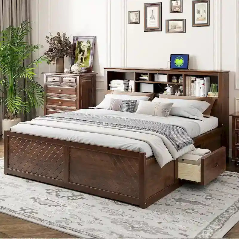 White King Bed - Storage Headboard - USB Ports - 2 Drawers - 600lb Capacity