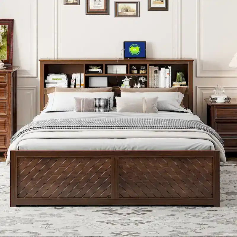 White King Bed - Storage Headboard - USB Ports - 2 Drawers - 600lb Capacity