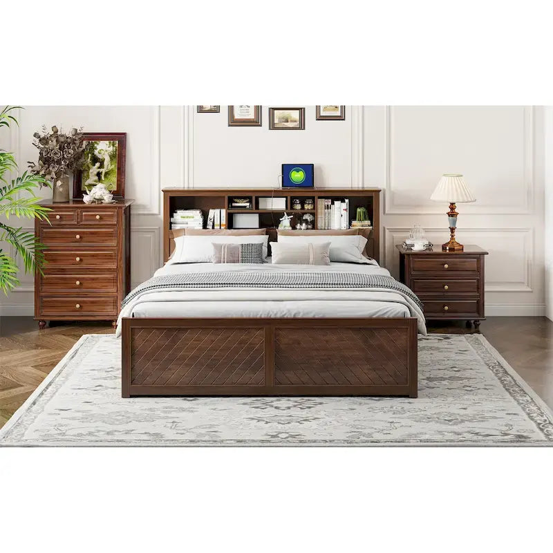 White King Bed - Storage Headboard - USB Ports - 2 Drawers - 600lb Capacity