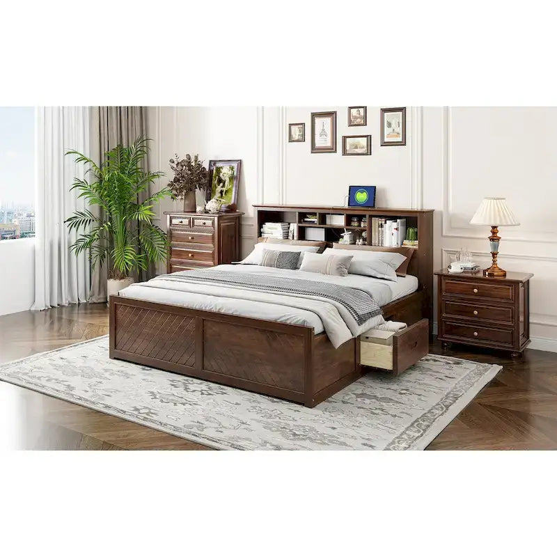 White King Bed - Storage Headboard - USB Ports - 2 Drawers - 600lb Capacity
