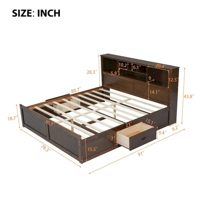 White King Bed - Storage Headboard - USB Ports - 2 Drawers - 600lb Capacity