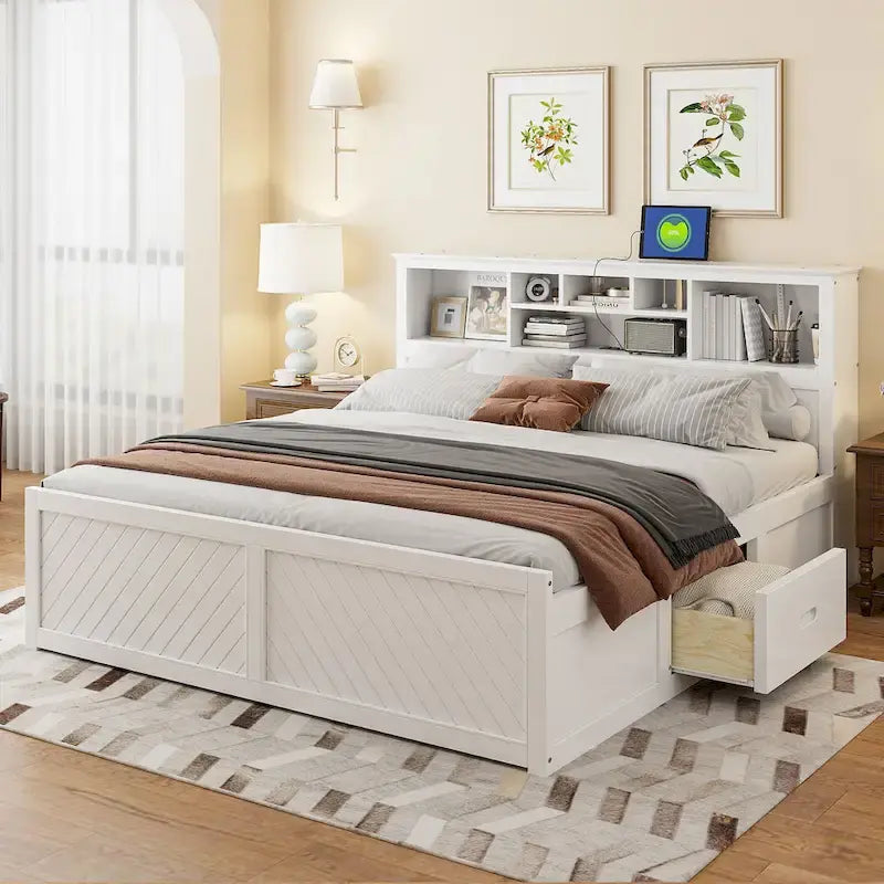 White King Bed - Storage Headboard - USB Ports - 2 Drawers - 600lb Capacity