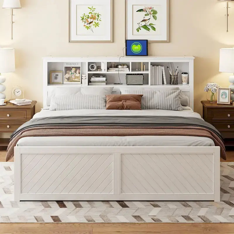White King Bed - Storage Headboard - USB Ports - 2 Drawers - 600lb Capacity