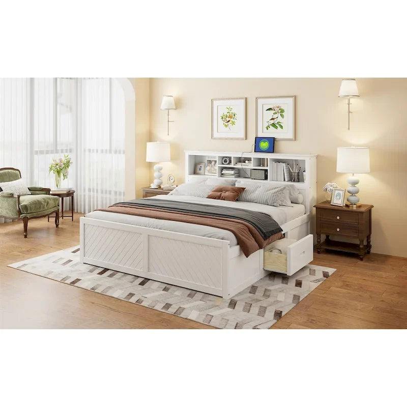 White King Bed - Storage Headboard - USB Ports - 2 Drawers - 600lb Capacity