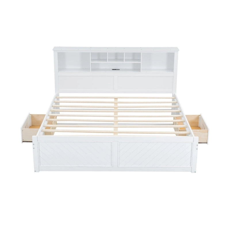 White King Bed - Storage Headboard - USB Ports - 2 Drawers - 600lb Capacity