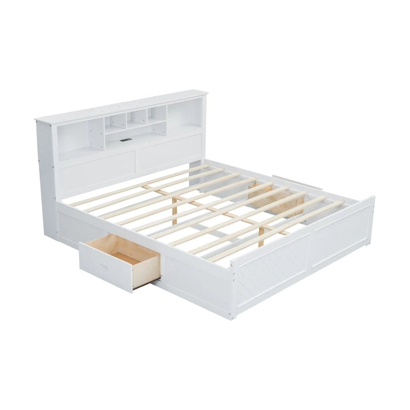 White King Bed - Storage Headboard - USB Ports - 2 Drawers - 600lb Capacity