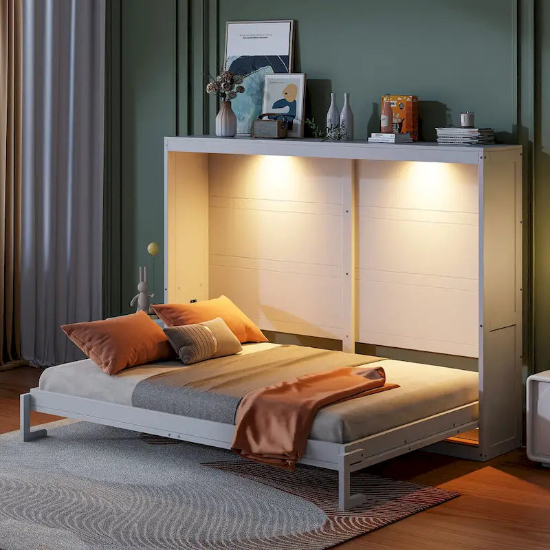 Queen Murphy Bed - Dual-Piston - White/Gray - 600lb Capacity - No Box Spring